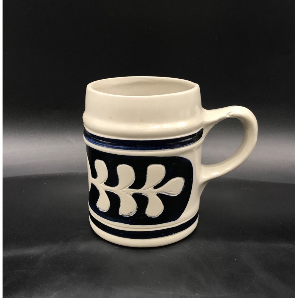 Vtg Williamsburg Pottery Salt-Glazed Stone Mug Hand-painted Cobalt Blue Design